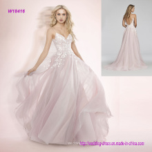 Spaghetti Strap Sweetheart Mieder Rosa Berry Posy-Gestickte Net A-Line Brautkleid mit Full Circular Rock Blumenstickerei